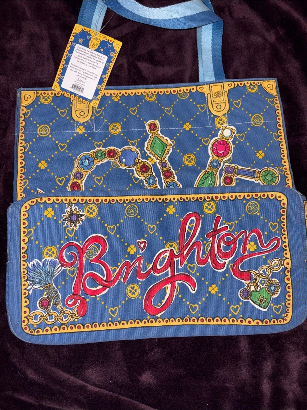 NWT RARE Brighton Cream Tote with Blue Straps and Multicolor Jeweled Motifs